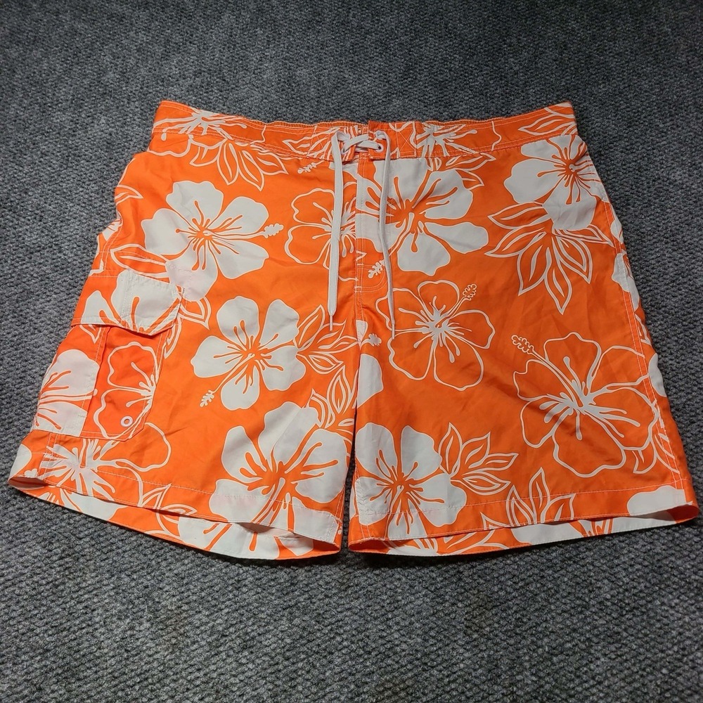 Merona Mens Hawaiian Floral Swim Trunks Size Xxl  Orange and white 44/46